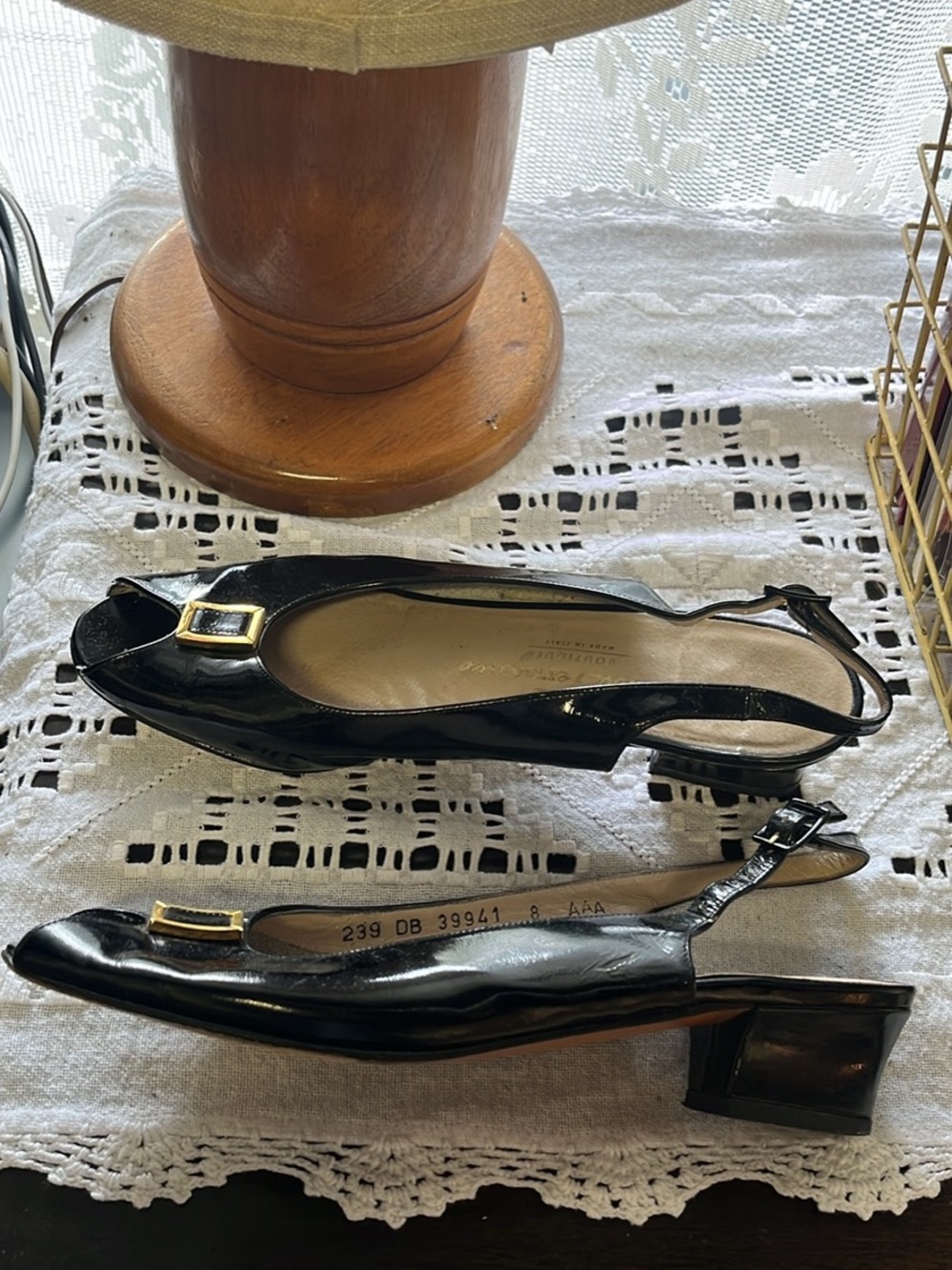 Salvatore Ferragamo Black Patent Slingback Flats with Gold Buckle Accent